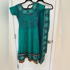 Indian Anarkali Salwar Kameez | Teal Embroidered Dress with Dupatta